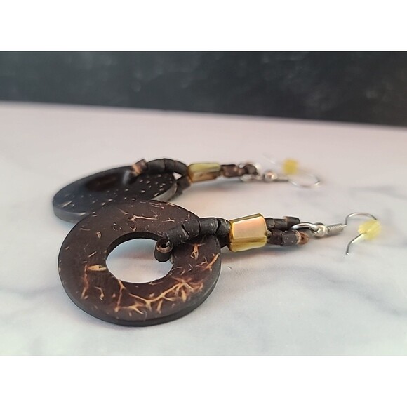 Brown And Beige Circular Beaded Dangling Earrings Vintage Costume Jewelry - Picture 5 of 10